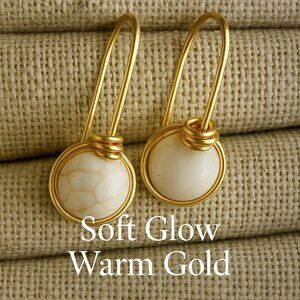 Howlite Gold Wire‑Wrap Dangle Earrings — 8mm  Minimalist Neutral